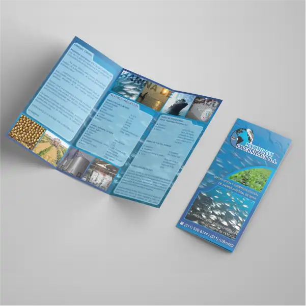 Tríptico corporativo abierto y cerrado – Imprenta P&M